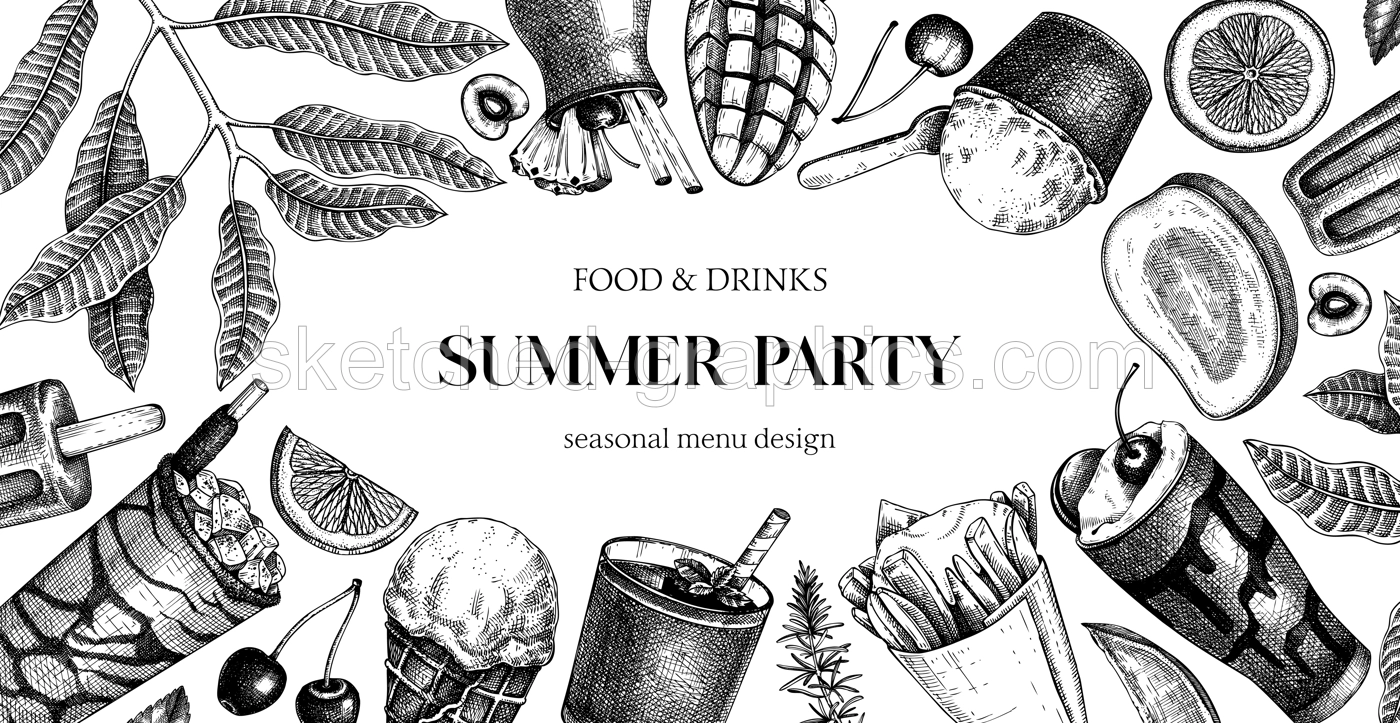 Summer party background. Non-alcoholic beverage, mocktail, ice cream, fruit, cocktail sketches. Hand drawn vector illustration. Summer food and drinks banner. Tropical frame design.  Illustration